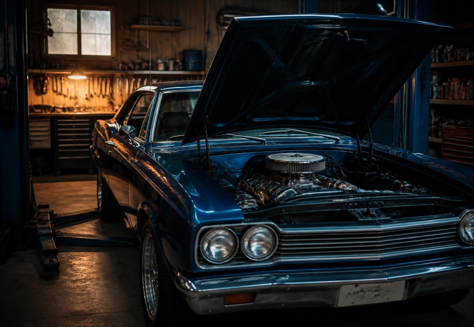 Classic blue muscle car with its hood open inside The Shop's garage bay in Chatham, Ontario