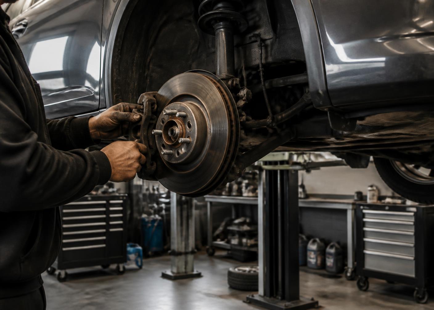 Mechanic replacing a brake rotor on a car raised on the hoist at The Shop